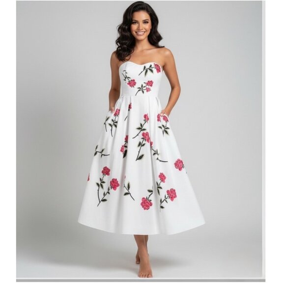 A-Line Floral Rose Printed Strapless Dress With Pockets White - Picture 3 of 9